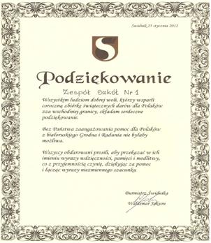 podziekowanie zbiorka zywnosci